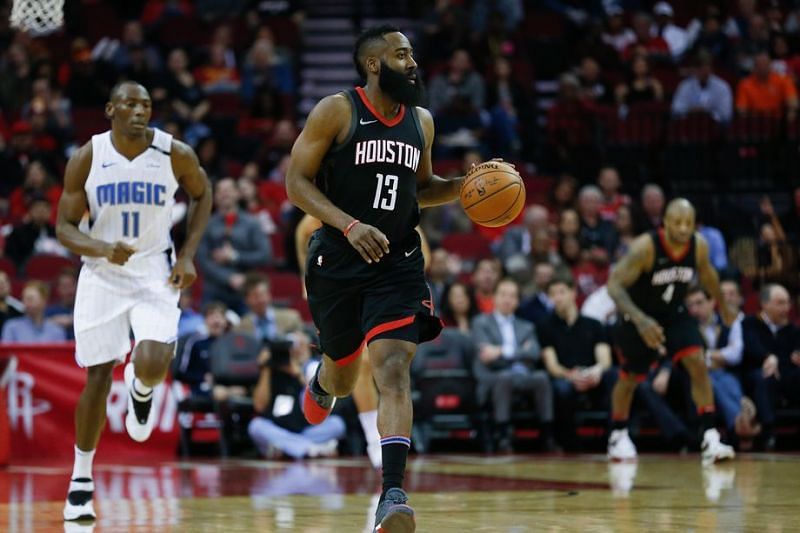 James Harden running the ball up against the Orlando Magic